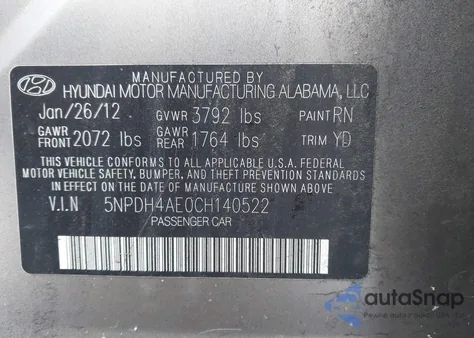 2012 Hyundai Elantra Gls z USA, uszkodzony, nr VIN 5NPDH4AE0CH140522